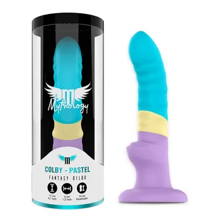 Gode silicone turquoise, jaune et mauve avec ventouse, autre vue 4