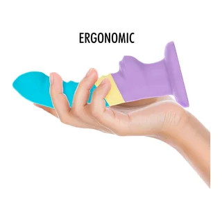Gode silicone turquoise, jaune et mauve avec ventouse, autre vue 5