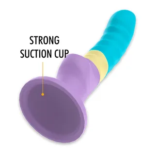 Gode silicone turquoise, jaune et mauve avec ventouse, autre vue 7