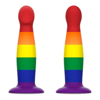 Gode Garrick Pride aux bandes de couleurs arc-en-ciel (rouge, orange, jaune, vert, bleu, violet) avec base ventouse violette et tête arrondie rouge