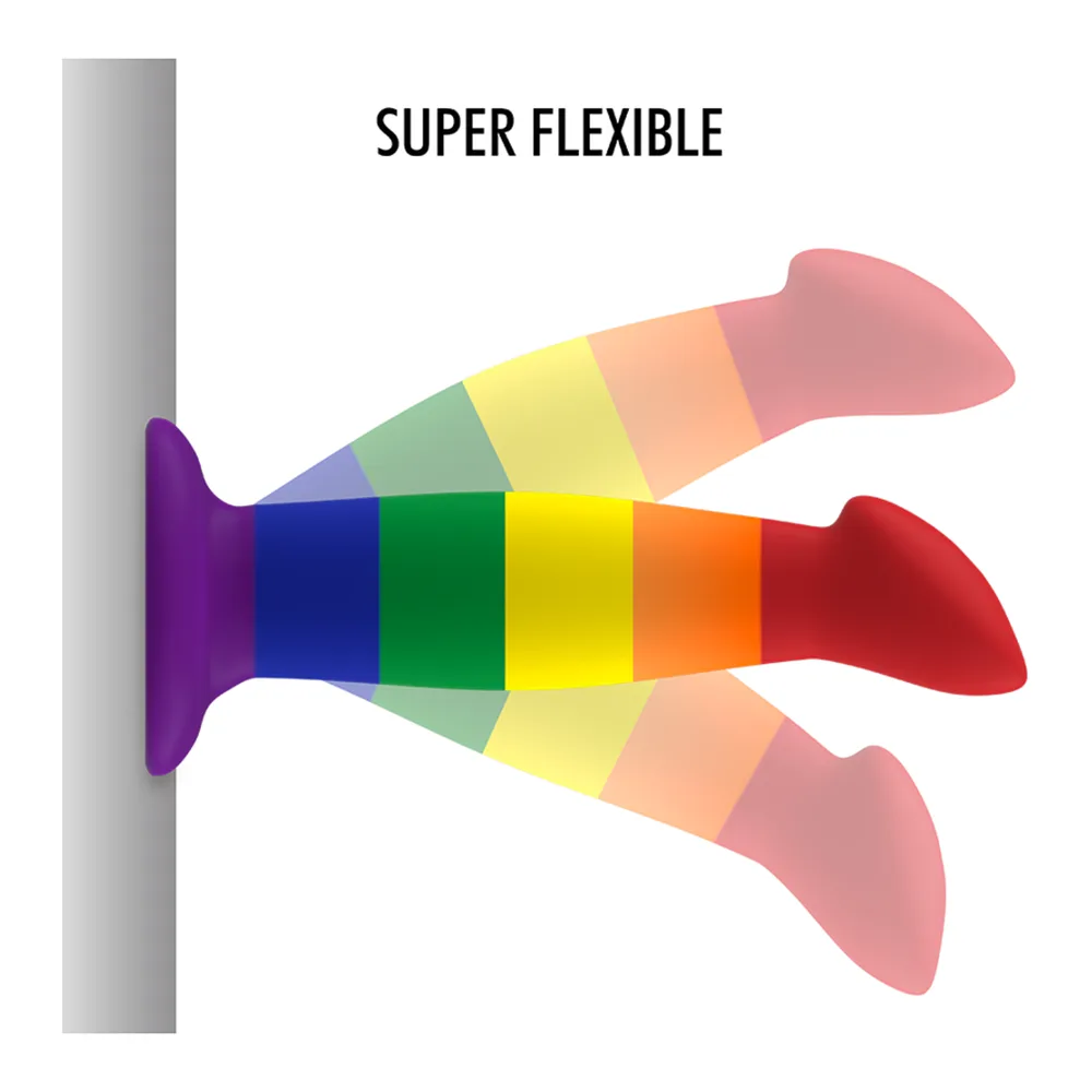Gode Garrick Pride aux bandes de couleurs arc-en-ciel (rouge, orange, jaune, vert, bleu, violet) avec base ventouse violette et tête arrondie rouge