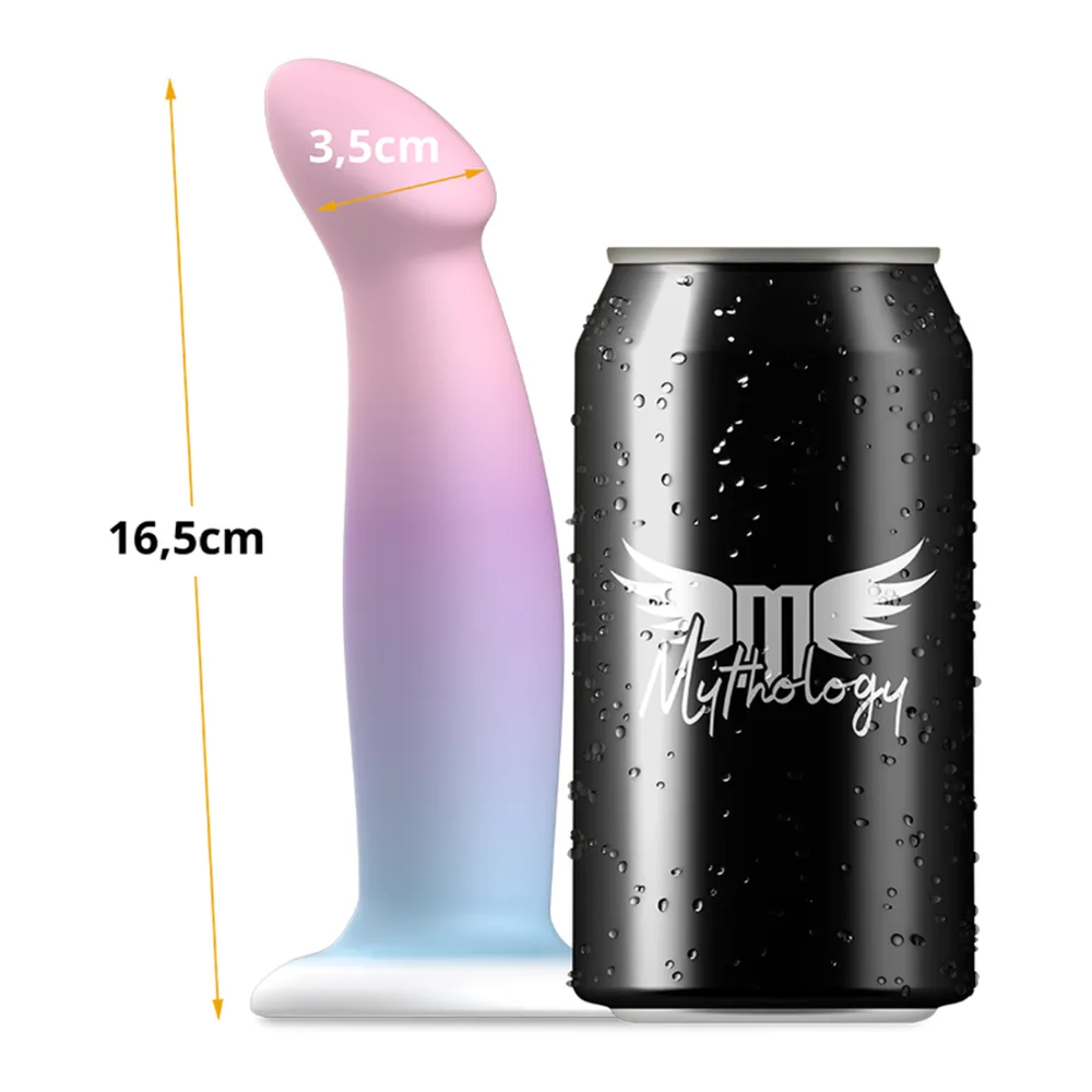 Gode Nayade en silicone rose dégradé vers bleu, forme ergonomique pointue, présenté à côté de son emballage cylindrique noir et blanc