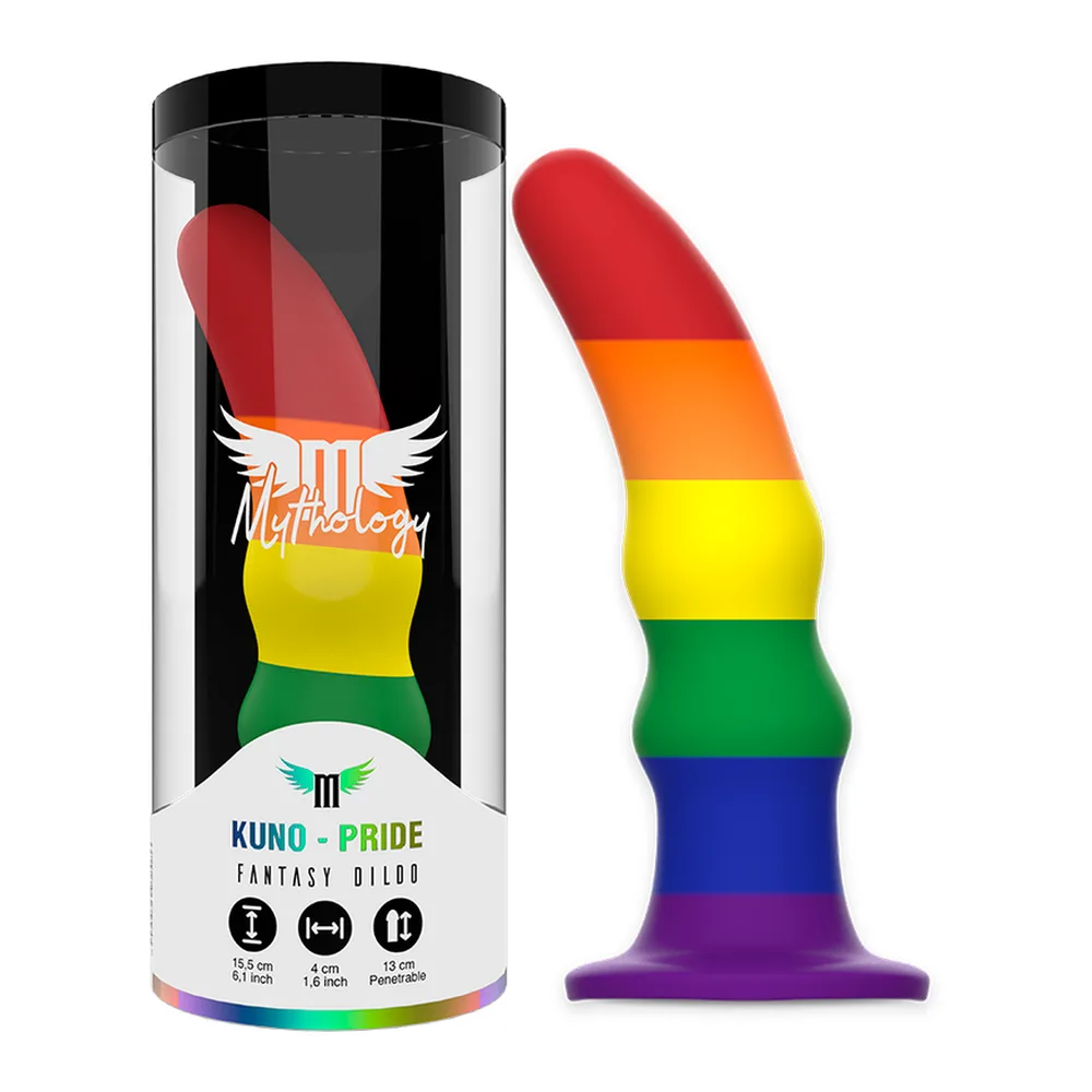 Gode arc-en-ciel en silicone souple avec dégradé de couleurs de la ventouse violette à la pointe rouge, présenté en schéma de flexibilité