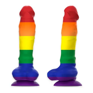 Gode Corey Pride aux couleurs arc-en-ciel, base violette large et stable, tige segmentée rouge, orange, jaune, vert et bleu avec gland rouge arrondi