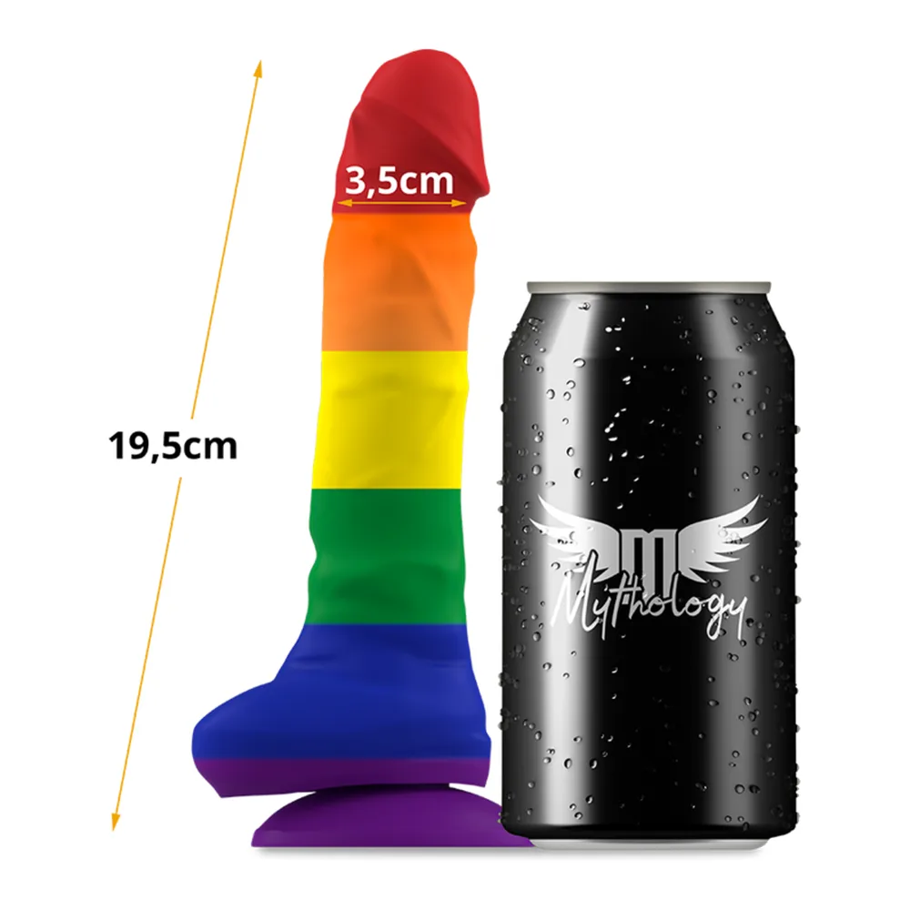 Gode Corey Pride aux couleurs arc-en-ciel, base violette large et stable, tige segmentée rouge, orange, jaune, vert et bleu avec gland rouge arrondi