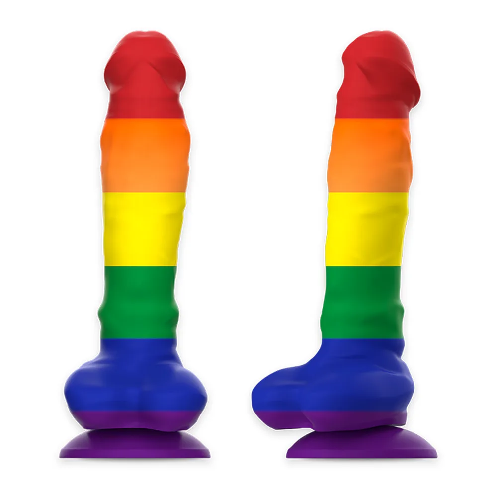 Gode Corey Pride aux couleurs arc-en-ciel, base violette large et stable, tige segmentée rouge, orange, jaune, vert et bleu avec gland rouge arrondi