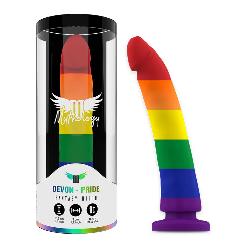 Gode aux couleurs de l'arc-en-ciel avec segments rouge, orange, jaune, vert, bleu et violet, tête arrondie rouge, base de suction violette, présenté de face et de profil