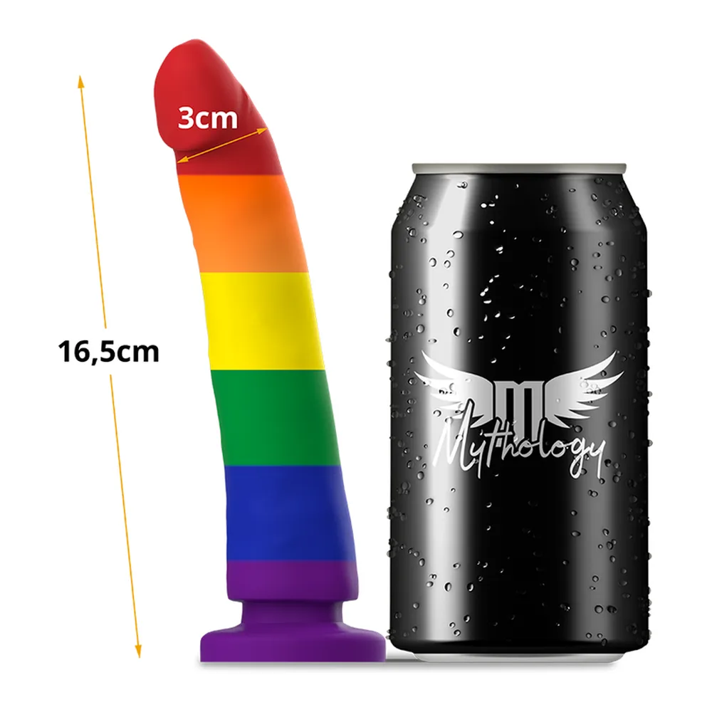 Gode aux couleurs de l'arc-en-ciel avec segments rouge, orange, jaune, vert, bleu et violet, tête arrondie rouge, base de suction violette, présenté de face et de profil