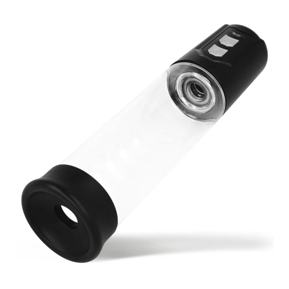 Pompe automatique noire avec cylindre transparent, embout en silicone et anneau de maintien noir détaché, sur fond blanc