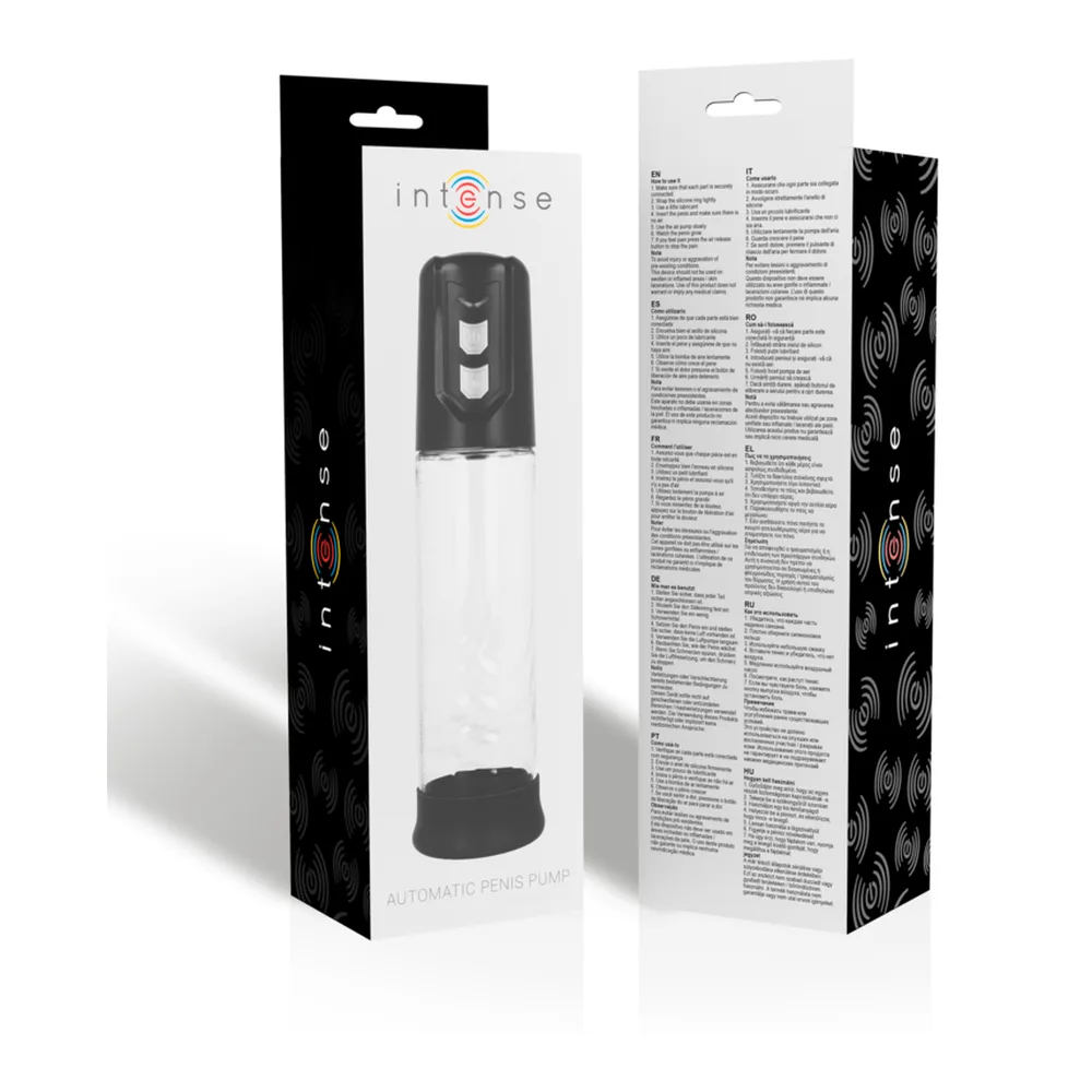 Pompe automatique noire avec cylindre transparent, embout en silicone et anneau de maintien noir détaché, sur fond blanc