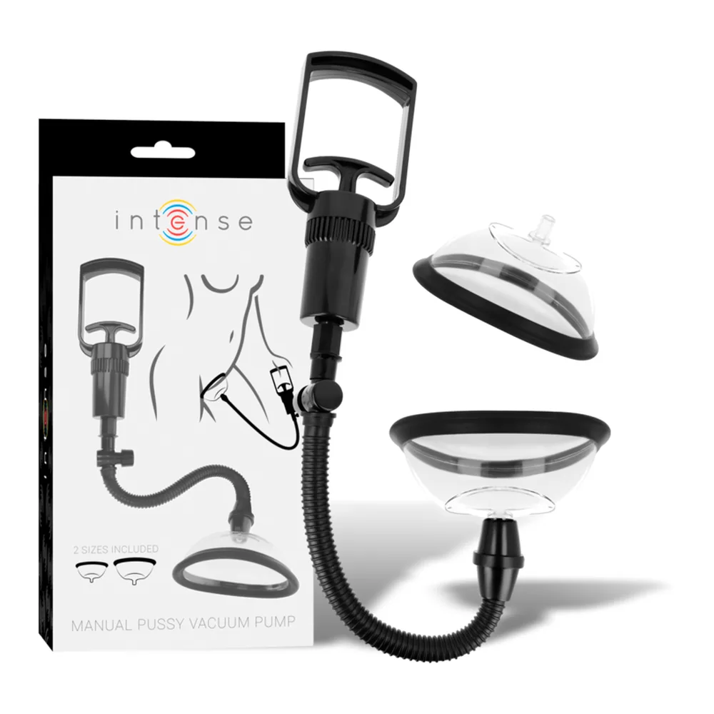 Emballage noir et blanc de la marque Intense montrant une pompe vaginale manuelle avec tube flexible, poignée de commande et deux embouts de différentes tailles, sur fond blanc