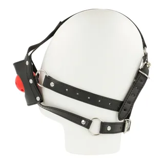 Harnais tête cuir noir avec bâillon boule rouge, autre vue 2