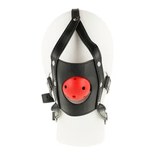 Harnais tête cuir noir avec bâillon boule rouge, autre vue 5
