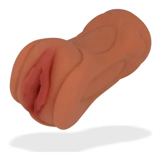 Masturbateur en silicone beige-rosé avec détails intimes en rouge, anatomique, manchon souple sans coque rigide sur fond blanc