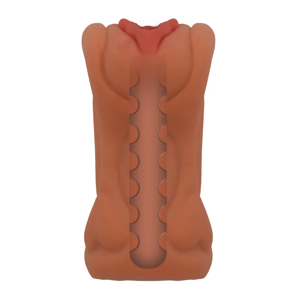 Masturbateur en silicone beige-rosé avec détails intimes en rouge, anatomique, manchon souple sans coque rigide sur fond blanc