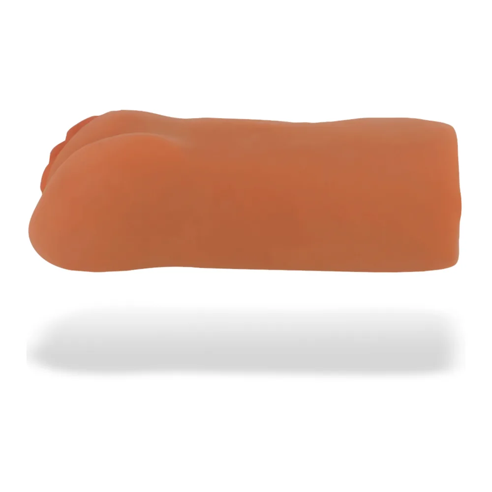 Masturbateur de forme allongée en silicone terracotta, aux contours arrondis avec une extrémité modelée, sur fond blanc