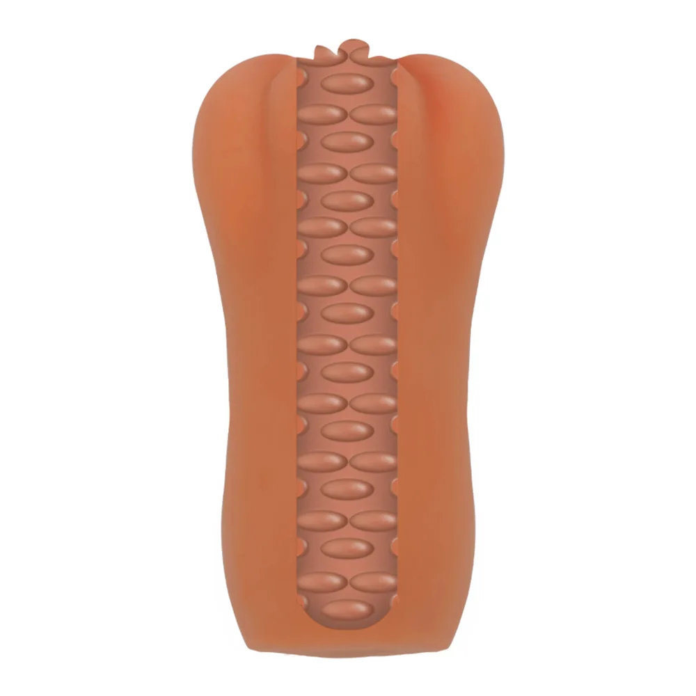 Masturbateur de forme allongée en silicone terracotta, aux contours arrondis avec une extrémité modelée, sur fond blanc