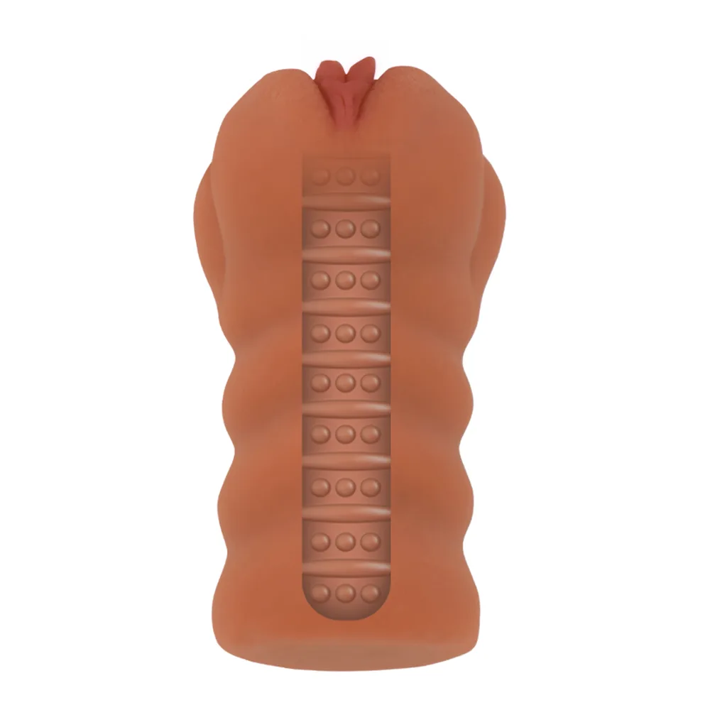 Masturbateur en silicone couleur chair avec surface ondulée, canal interne pavé de picots en relief, ouverture festonnée en haut, sur fond blanc