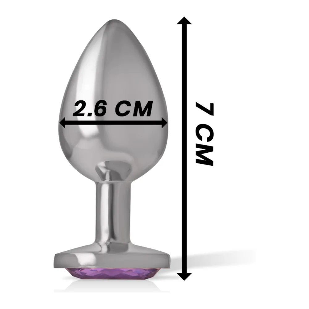 Plug anal en métal gris avec base ovoïde surmontée d'un cristal facetté violet, sur fond blanc
