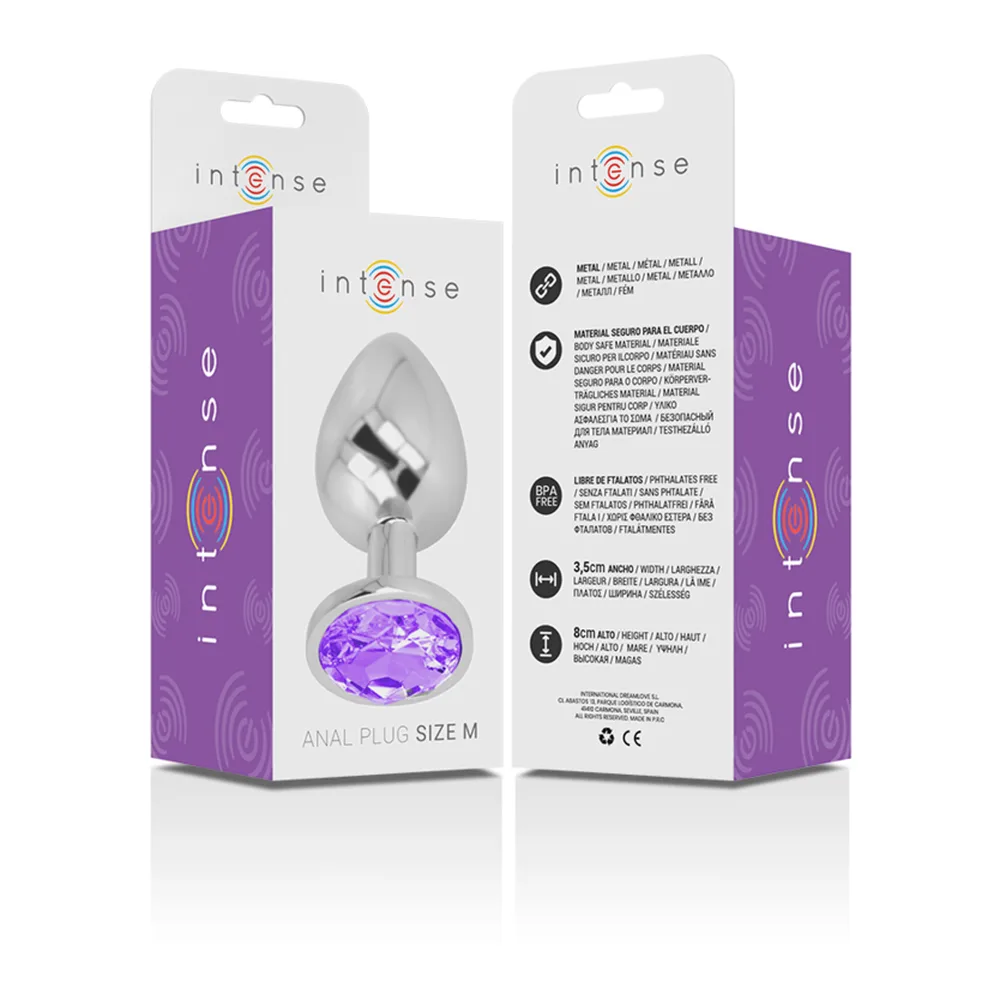 Plug anal en métal argenté à base teardrop avec cristal violet facetté en oval sertis, fond blanc