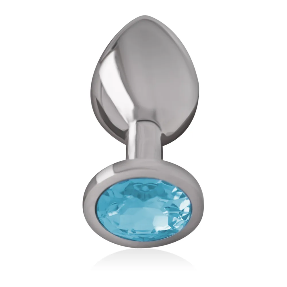 Plug anal en métal argenté à base teardrop avec cristal violet facetté en oval sertis, fond blanc