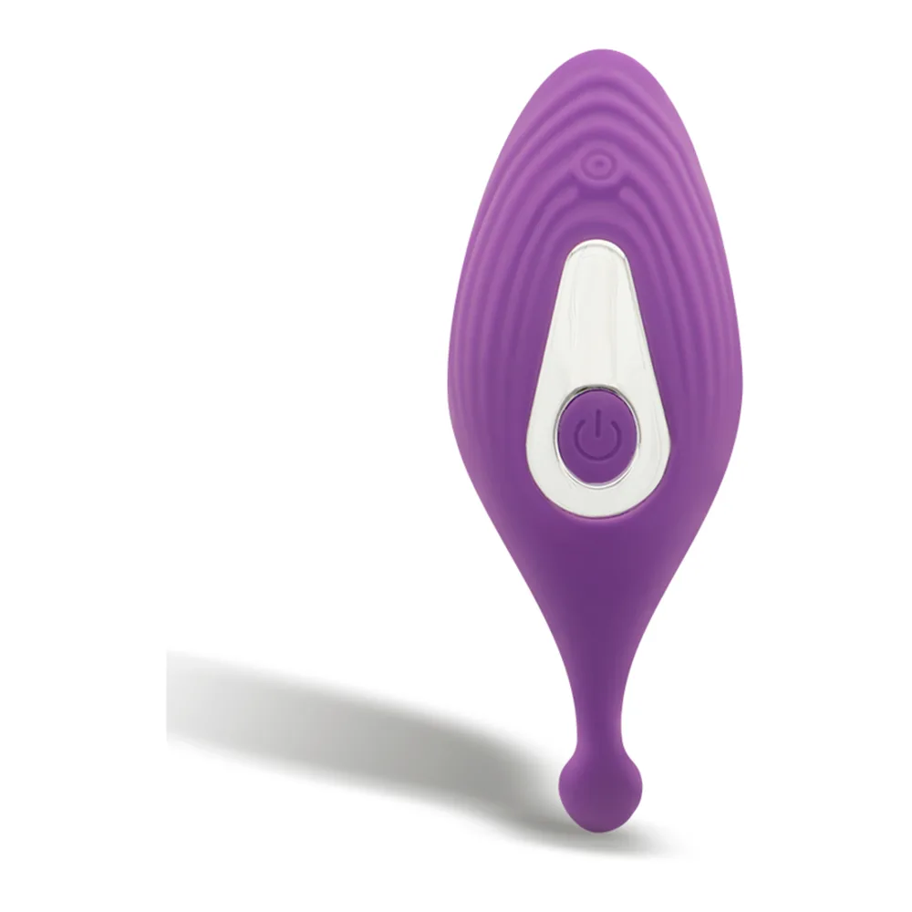 Télécommande silicone violet pourpre en forme de goutte allongée avec embout effilé, sur fond blanc