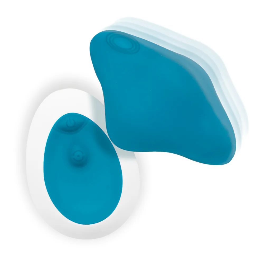 Culotte vibrante télécommandée bleu canard avec galet de stimulation et télécommande blanche ovale, sur fond neutre