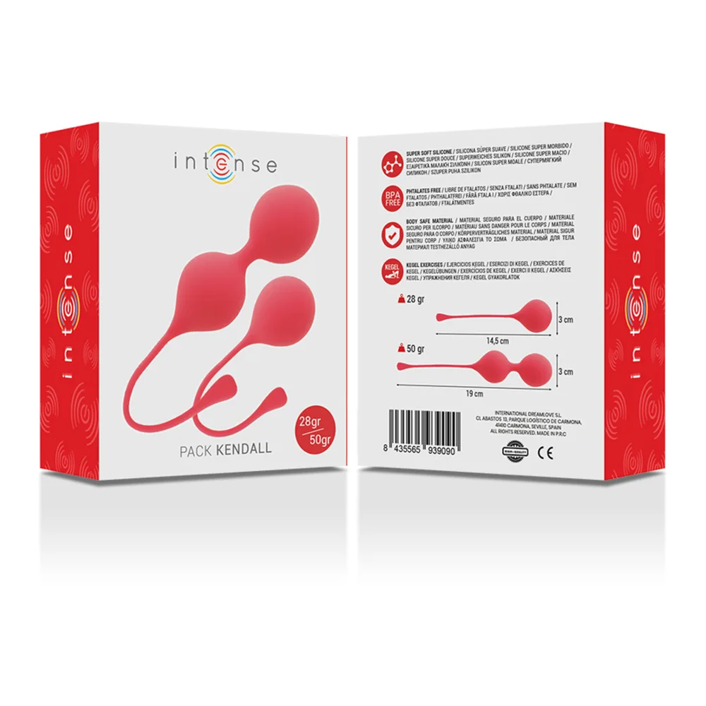 Pack de trois boules de Kegel en silicone rouge corail avec tiges de manipulation, présenté sur fond blanc