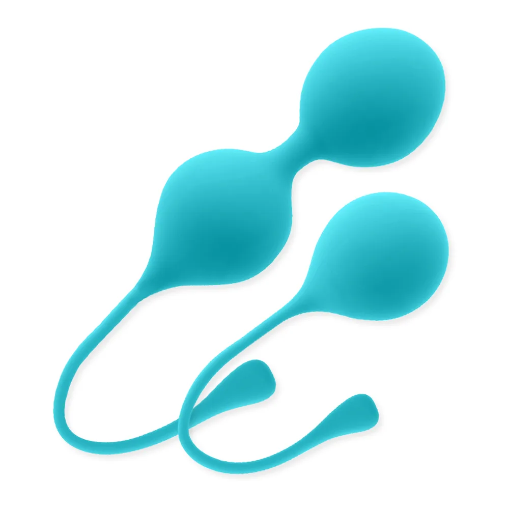 Pack de trois boules de Kegel en silicone rouge corail avec tiges de manipulation, présenté sur fond blanc
