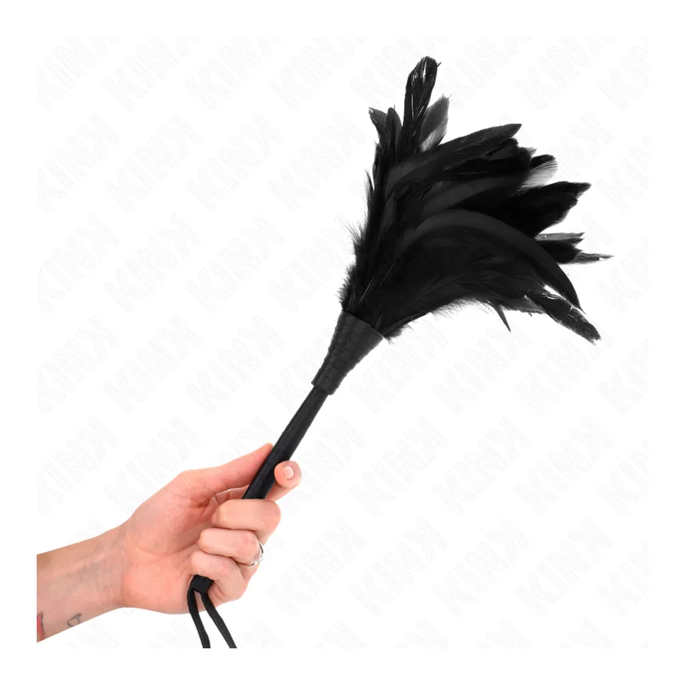 Plumeau de plumes de coq noir avec manche en corne courbe et cordon de préhension, sur fond blanc