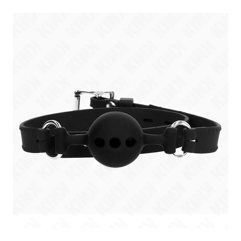 Bâillon boule en silicone noir avec sangle d'ajustement, anneaux métalliques argentés et boucles de fixation, sur fond blanc