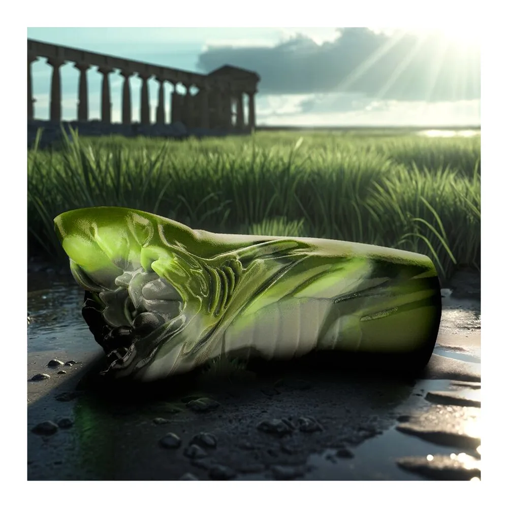Masturbateur en silicone vert et noir avec détails texturés, montrant les symboles de ses caractéristiques : formule supersoft, fibre complète, et imperméabilité
