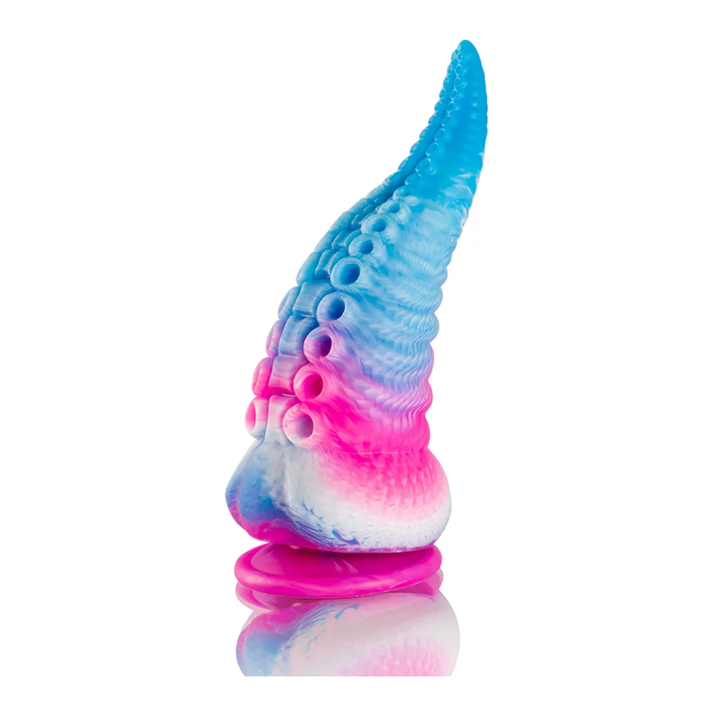 Gode tentacule en silicone dégradé bleu, rose et blanc, avec ventouses en relief sur toute la longueur et embout évasé rose fuchsia, présenté en perspective sur fond blanc