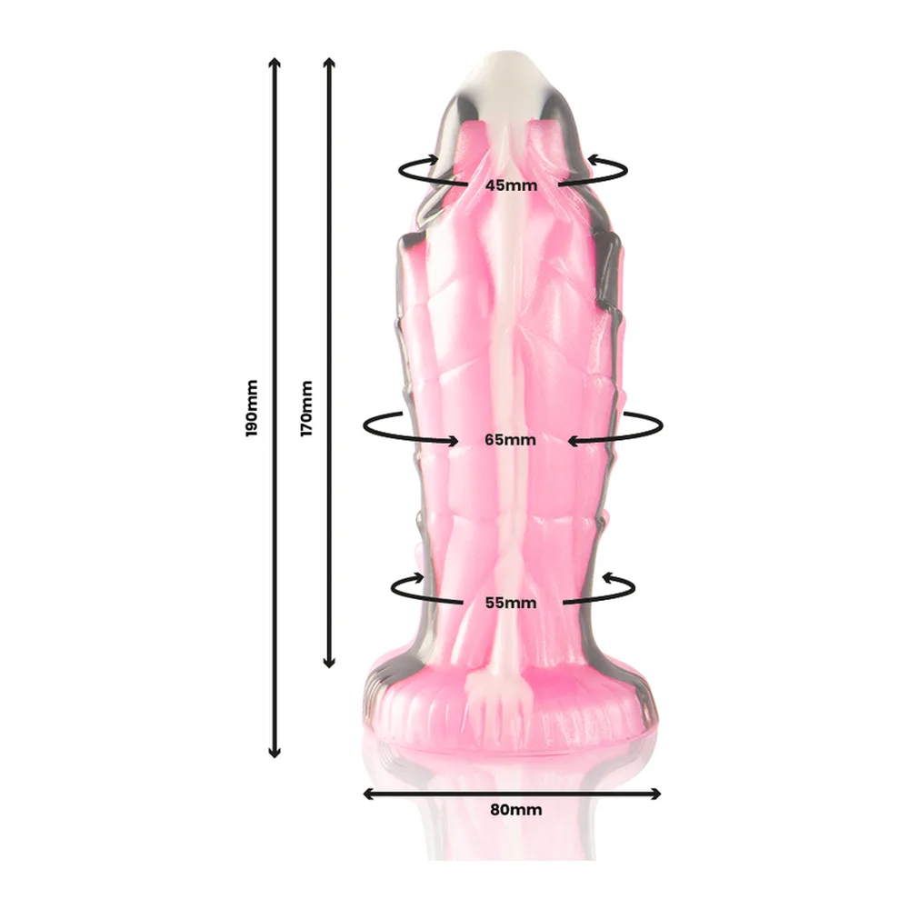 Gode Triton en silicone rose vif et blanc, avec renflement sous le gland, base évasée, sur fond blanc