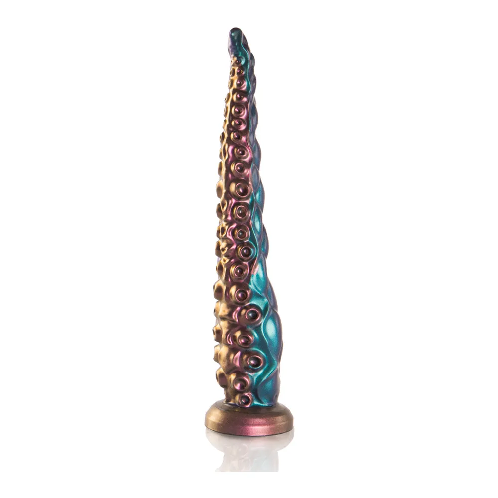 Gode en silicone vert et bleu dégradé, forme de tentacule conique nervuré avec ventouses, base évasée turquoise, 300 mm de long