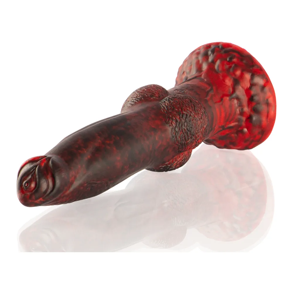 Gode Prometheus en silicone rouge et noir avec tête champignon texturée, corps fuselé et base évasée, sur fond blanc