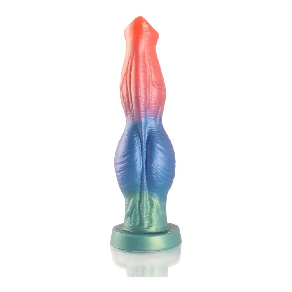 Gode Arion en silicone dégradé rouge, rose, bleu et vert, forme fuselée avec base ventouse verte, accompagné d'une télécommande noire