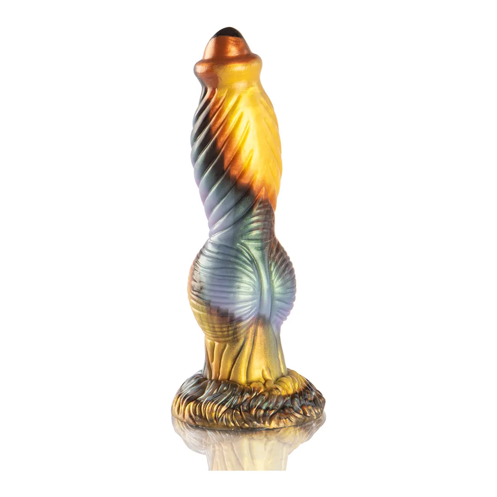 Gode Phoenix en silicone torsadé, finition dorée irisée avec reflets bleus et verts, base texturée, sur fond blanc