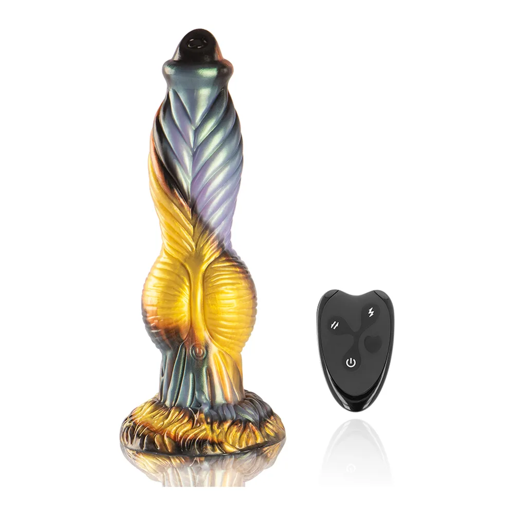 Gode Phoenix en silicone torsadé, finition dorée irisée avec reflets bleus et verts, base texturée, sur fond blanc
