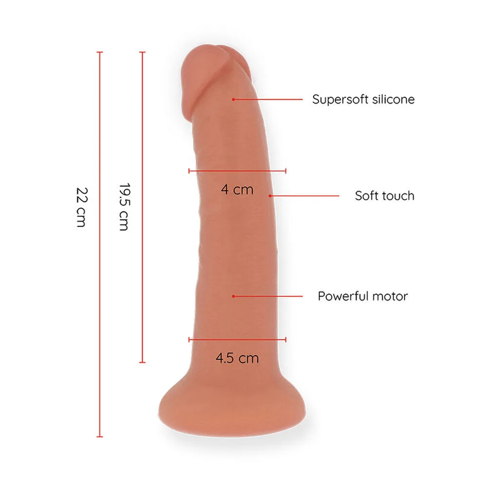 Vibromasseur réaliste en silicone beige rosé, forme allongée avec base large, légèrement courbe, sur fond blanc