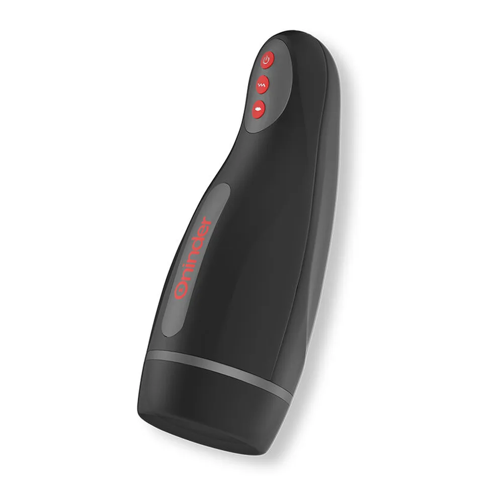Masturbateur Seoul noir en silicone avec trois boutons rouges au sommet, affichage LED rouge sur le corps, et bande de grip grise sur le côté, sur fond blanc