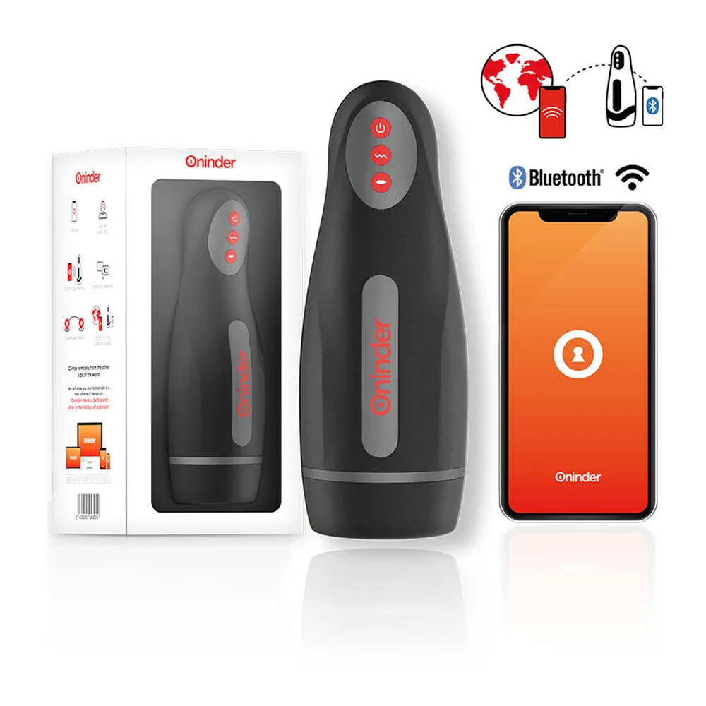Masturbateur Seoul noir en silicone avec trois boutons rouges au sommet, affichage LED rouge sur le corps, et bande de grip grise sur le côté, sur fond blanc