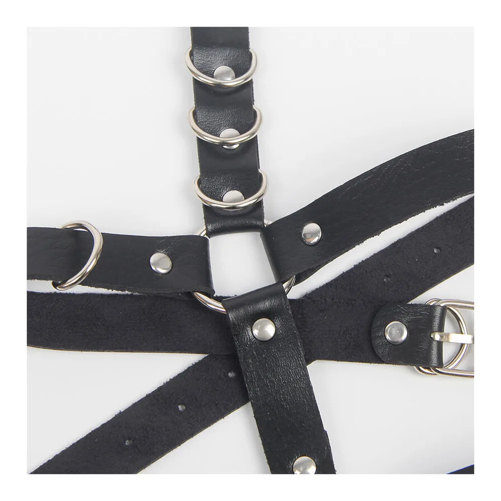 Harnais de jarretières en cuir noir avec ceinture large, bandes verticales ajustables, anneaux métalliques et lanières pour maintenir les bas, sur fond blanc