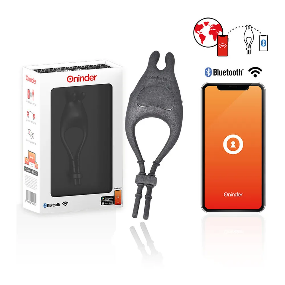 Anneau vibrateur gris anthracite avec bande de maintien ajustable, commandes et deux appendices de contrôle en bas, sur fond blanc