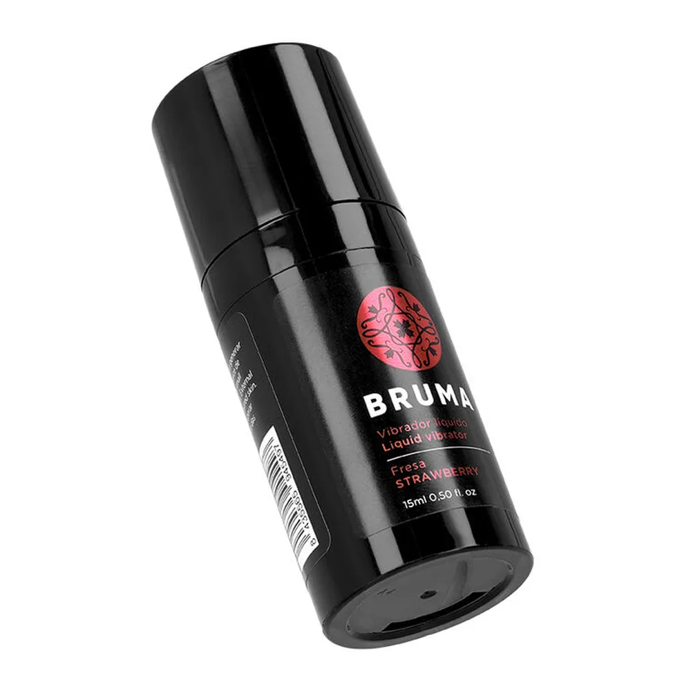Flacon noir de lubrifiant vibromasseur saveur fraise Bruma, 15 ml, avec étiquette rose et distributeur intégré, sur fond blanc