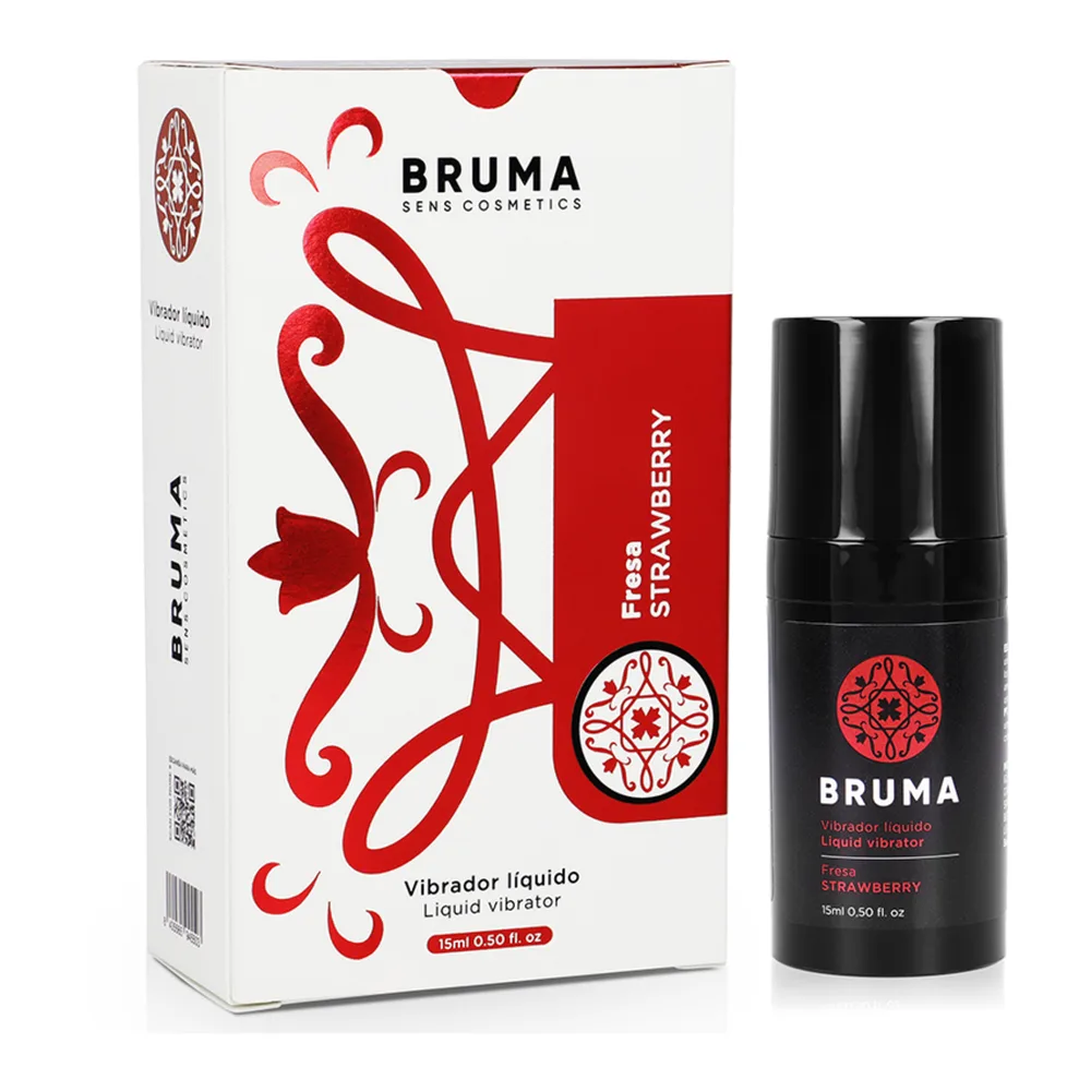 Flacon noir de lubrifiant vibromasseur saveur fraise Bruma, 15 ml, avec étiquette rose et distributeur intégré, sur fond blanc