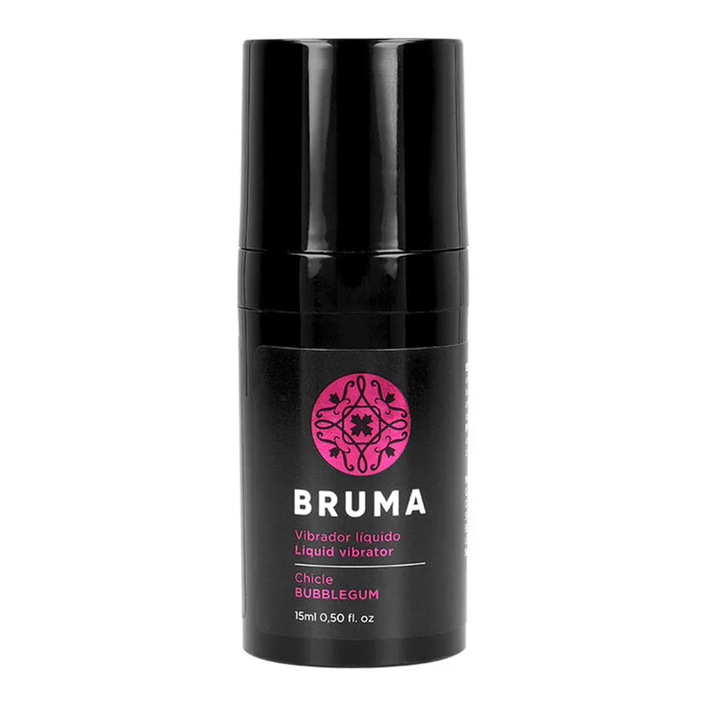 Flacon noir cylindrique de vibrateur liquide Bruma saveur bubblegum, 15 ml, avec logo rose et étiquette blanche, capuchon noir vissé