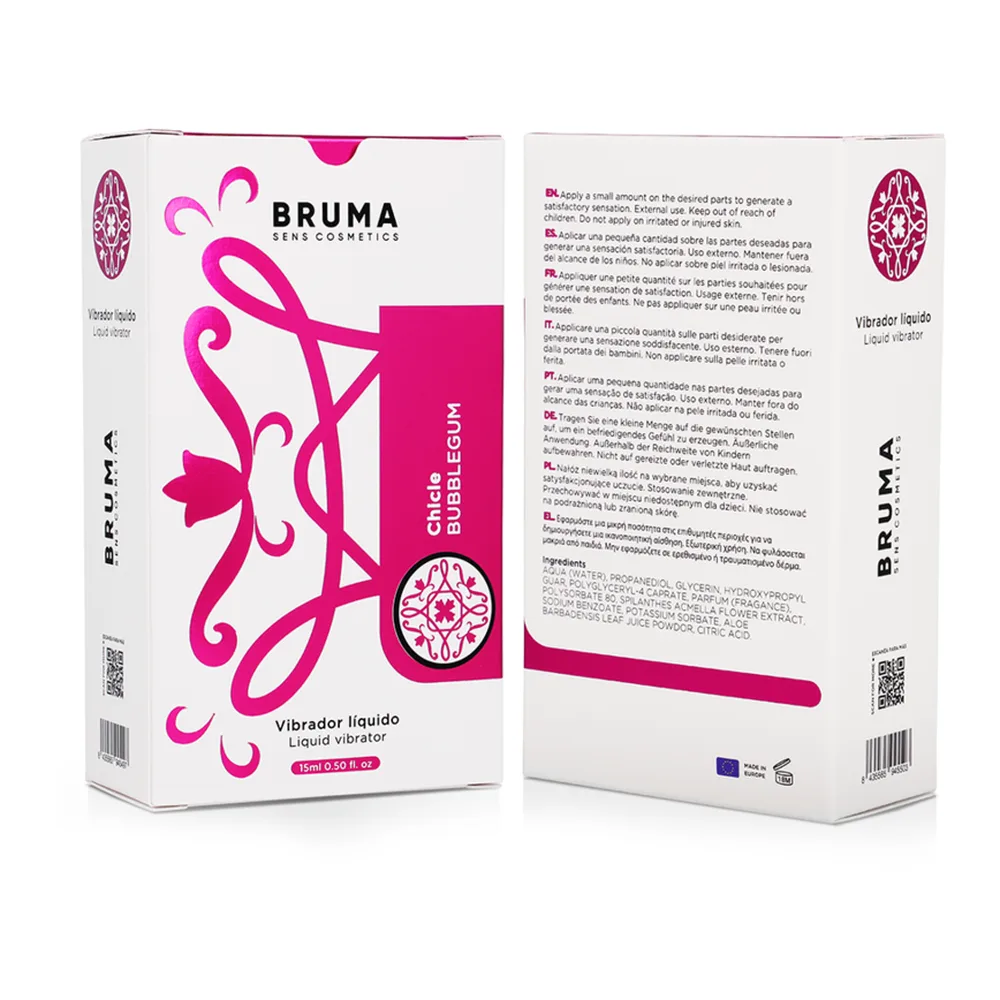 Flacon noir cylindrique de vibrateur liquide Bruma saveur bubblegum, 15 ml, avec logo rose et étiquette blanche, capuchon noir vissé