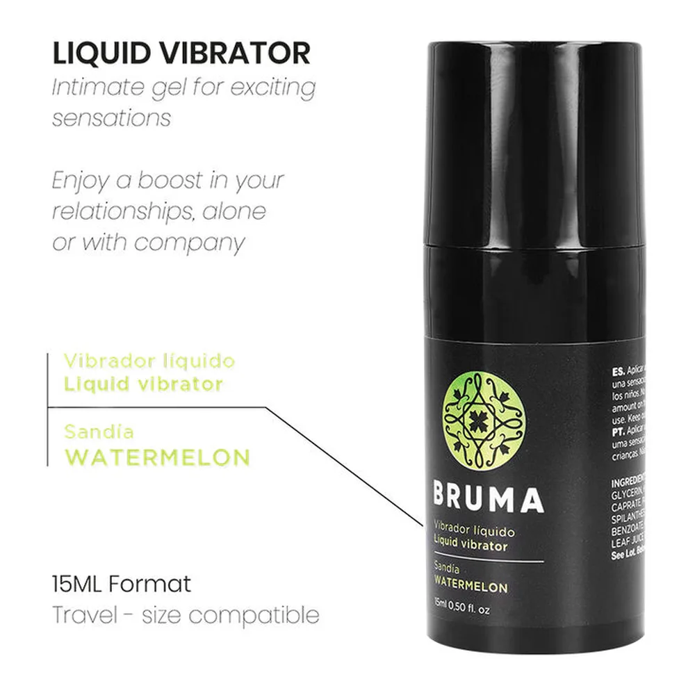 Flacon noir brillant de vibrateur liquide BRUMA avec logo vert, étiquette pastèque, capuchon vissé, 15 ml format voyage