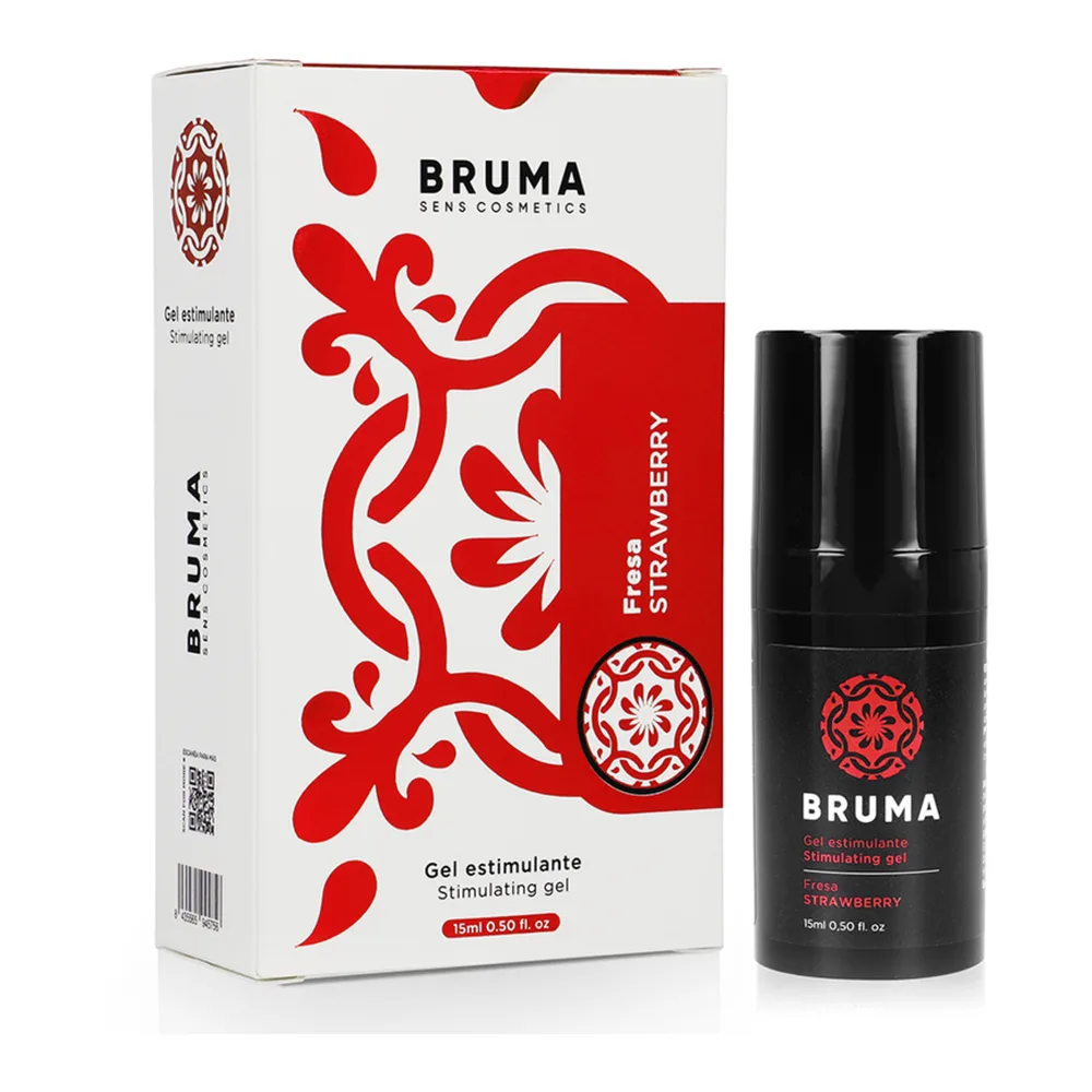 Flacon noir de lubrifiant comestible Bruma saveur fraise, 15 ml, avec étiquette rouge et blanche, présenté sur fond blanc